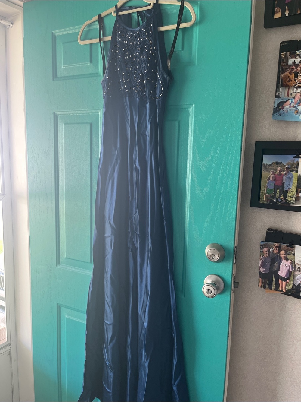 Zum Zum by Niki Livas Navy Beaded Halter Evening Gown